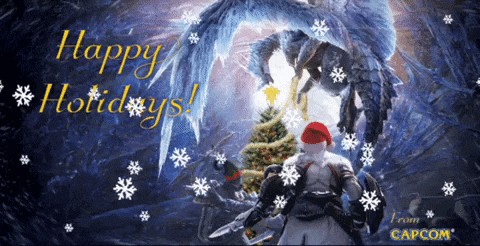 a christmas card from capcom shows a man in a santa hat standing in front of a christmas tree