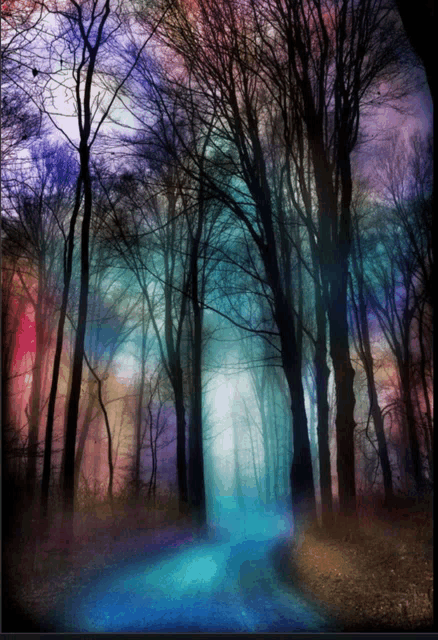 a painting of a forest with trees and a blue road