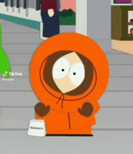 kenny from south park is wearing an orange hoodie .