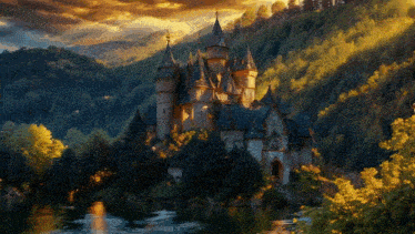 a castle sits on a hill overlooking a river