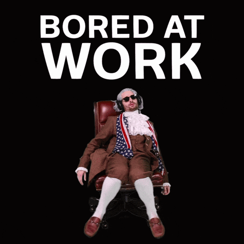 a man is sitting in an office chair with the words bored at work written above him