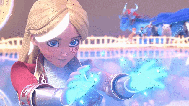 a girl with blonde hair and blue eyes is holding a blue object in her hands