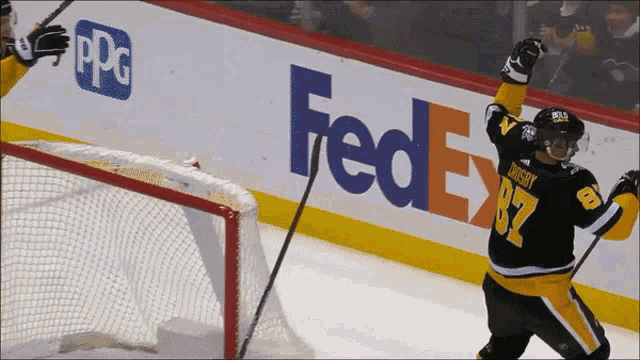 a hockey player wearing a number 87 jersey celebrates his goal