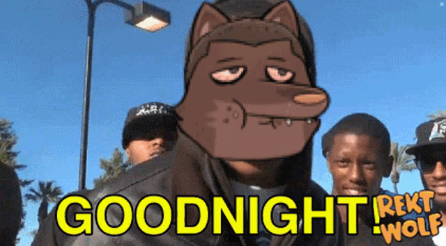 a cartoon of a wolf with the words goodnight written below it