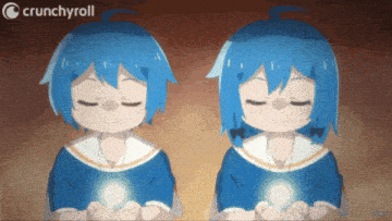 a crunchyroll advertisement with two blue haired girls
