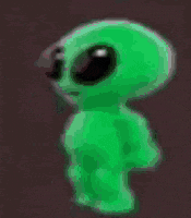 a green alien with big black eyes is walking on a dark background