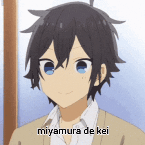 a close up of a person with the words miyamura de kei below them