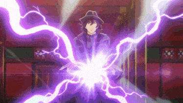 a man in a hat surrounded by purple lightning