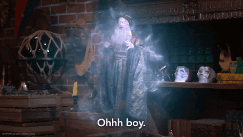 a statue of a man with a beard is surrounded by smoke and says " ohhh boy "