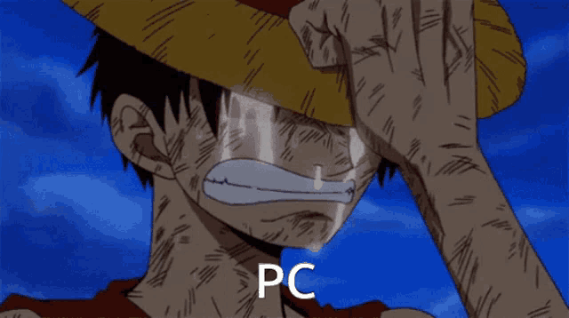 a man in a straw hat with tears running down his face and the word pc below him