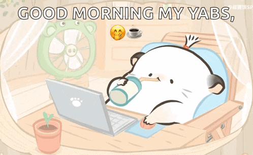 a cartoon of a mouse laying in front of a laptop with the words good morning my yabs written above it