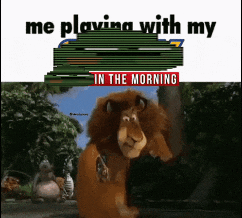 a cartoon of a lion with the words " me playing with my in the morning " below it