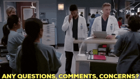 a group of doctors and nurses in a hospital room with the words any questions comments concerns written on the bottom