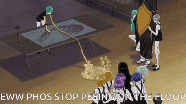 a group of people standing around a table with the words " eww phos stop peeing on the floor " on the bottom