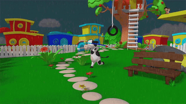 a cartoon cow is playing with a hula hoop in a park