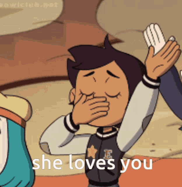 a cartoon character covering his mouth with his hands and the words she loves you below him