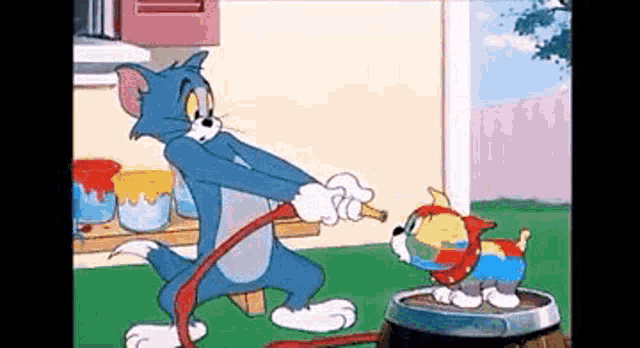 a cartoon of tom and jerry playing with a hose and a dog .