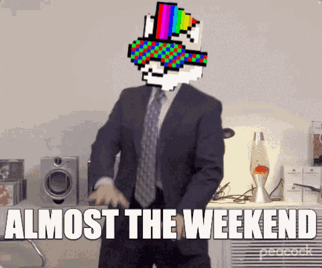 a man in a suit and tie is dancing with the words almost the weekend above him