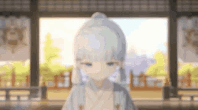 a girl with white hair is standing in front of a window .