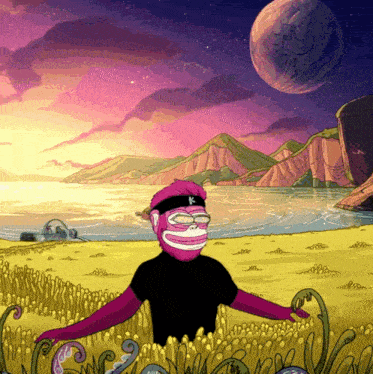 a cartoon of a monkey with a k on his head standing in a field