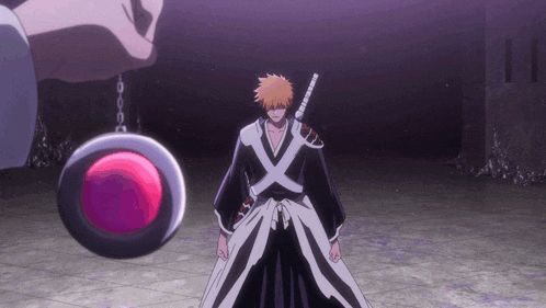 a man in a black and white kimono is holding a sword and standing in front of a purple object