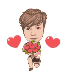 a cartoon of a man holding a bouquet of flowers .