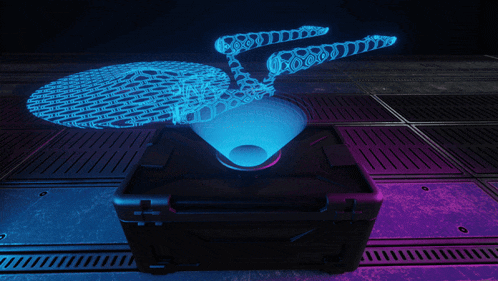 a briefcase with a hologram of a star trek ship projected on it