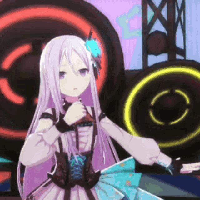 a girl with purple hair and a flower in her hair is standing in front of a stage