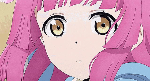 a close up of a pink haired anime girl with big eyes
