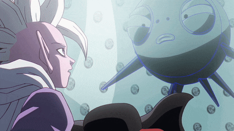 a cartoon drawing of a purple elf looking at a blue monster