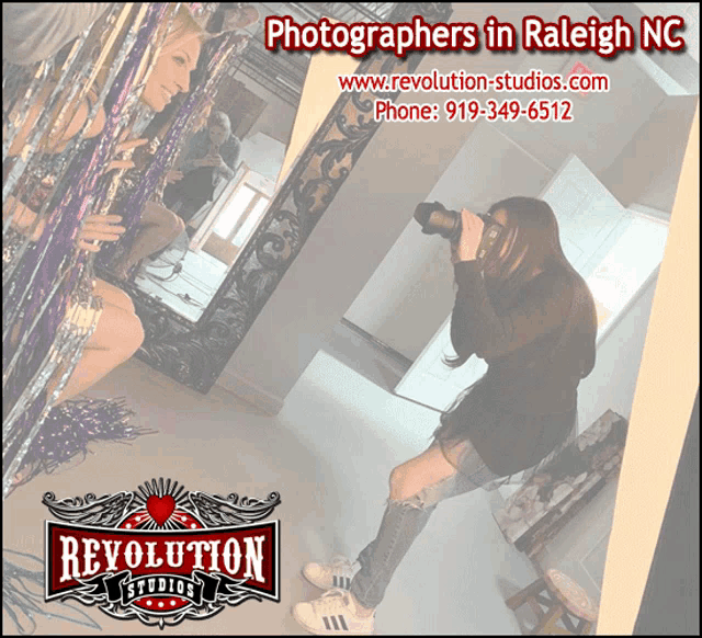 an ad for revolution studios shows a woman taking a photo