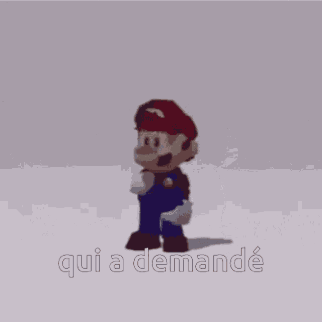 a video game character is standing in front of a white background with the words qui a demande written below him
