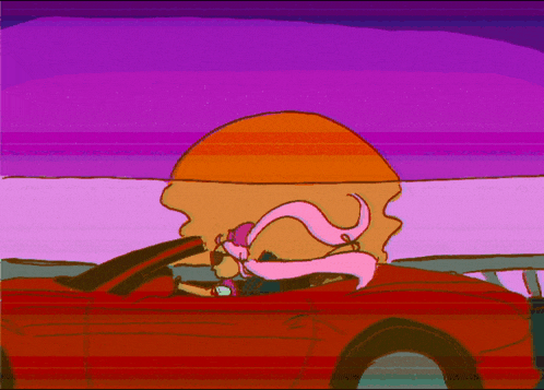 a cartoon drawing of a woman in a red car with a sunset in the background