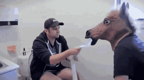 a man wearing a horse mask is holding a roll of toilet paper next to another man sitting on a toilet .