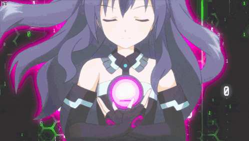 a girl with purple hair and black gloves is holding a purple object