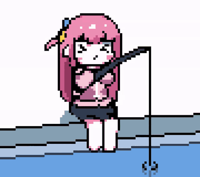 a pixel art of a girl fishing with a fishing rod