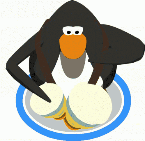 a penguin is holding a pair of drums in its paws
