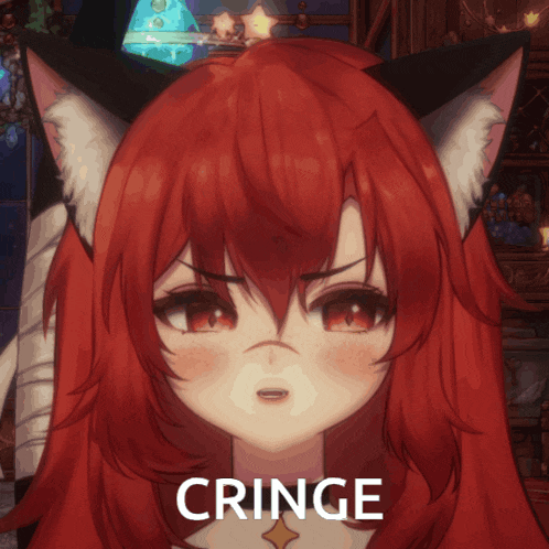 a girl with red hair and cat ears has the word cringe above her