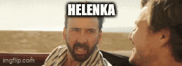 a man with a beard is talking to another man in a car and the words helenka are above him .