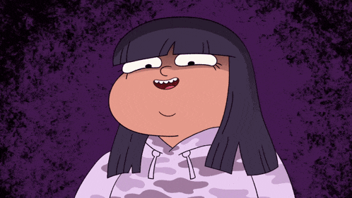 a cartoon girl with long black hair is wearing a purple camo hoodie
