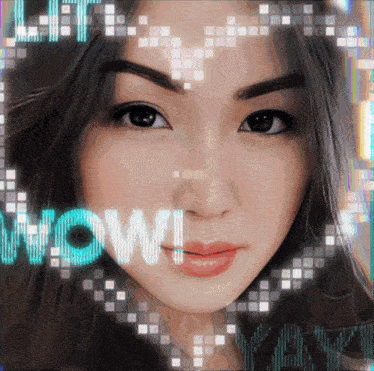a woman 's face is displayed with the word wow behind her