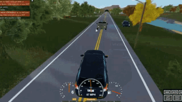 a screenshot of a video game shows a car with 87 mph on the gauge