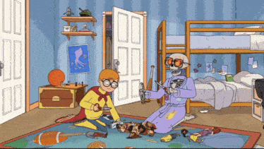 a cartoon shows a boy and a skeleton playing with toys
