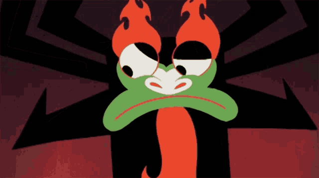 a cartoon character with a green face and red flames on its head