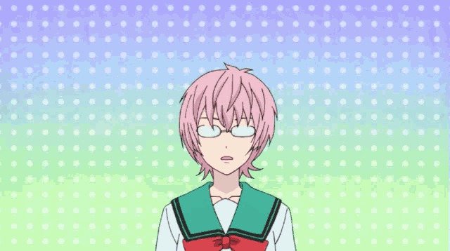 a girl with pink hair and glasses is standing in front of polka dot background