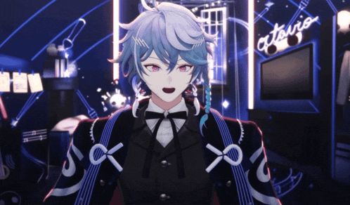 a boy with blue hair and red eyes is standing in front of a sign that says atoiro
