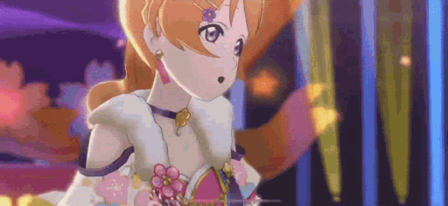 a cartoon girl with orange hair and a white dress is standing in front of a purple background .