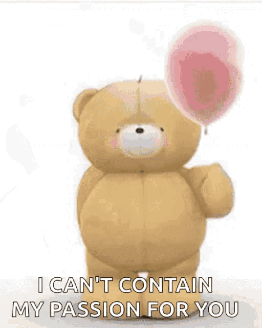 a teddy bear with hearts coming out of his eyes is holding a heart shaped balloon .