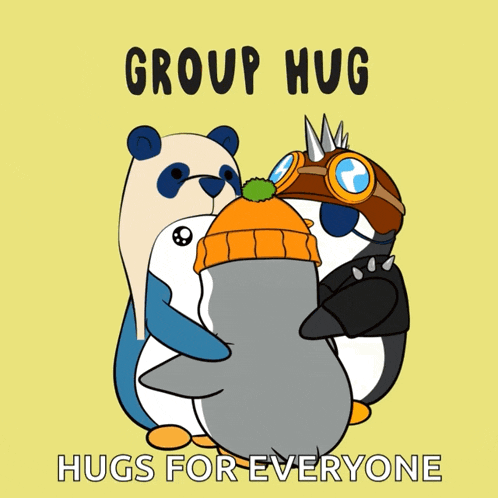 a cartoon of three penguins hugging each other with the words group hug hugs for everyone