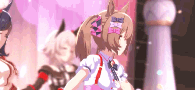 a group of anime girls are standing in front of a pink background